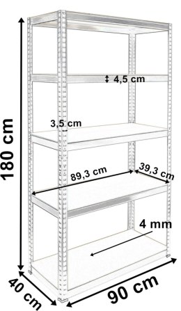 Regał magazynowy 5 poziomów 500 kg 180 x 90 x 40 cm