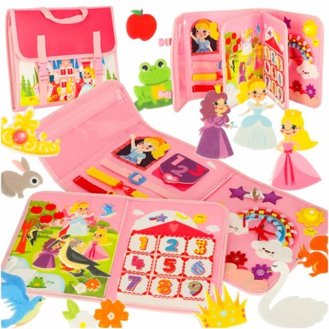 Tablica manipulacyjna sensoryczna montessori walizka plecak różowa Tablica manipulacyjna sensoryczna montessori walizka plecak różowa